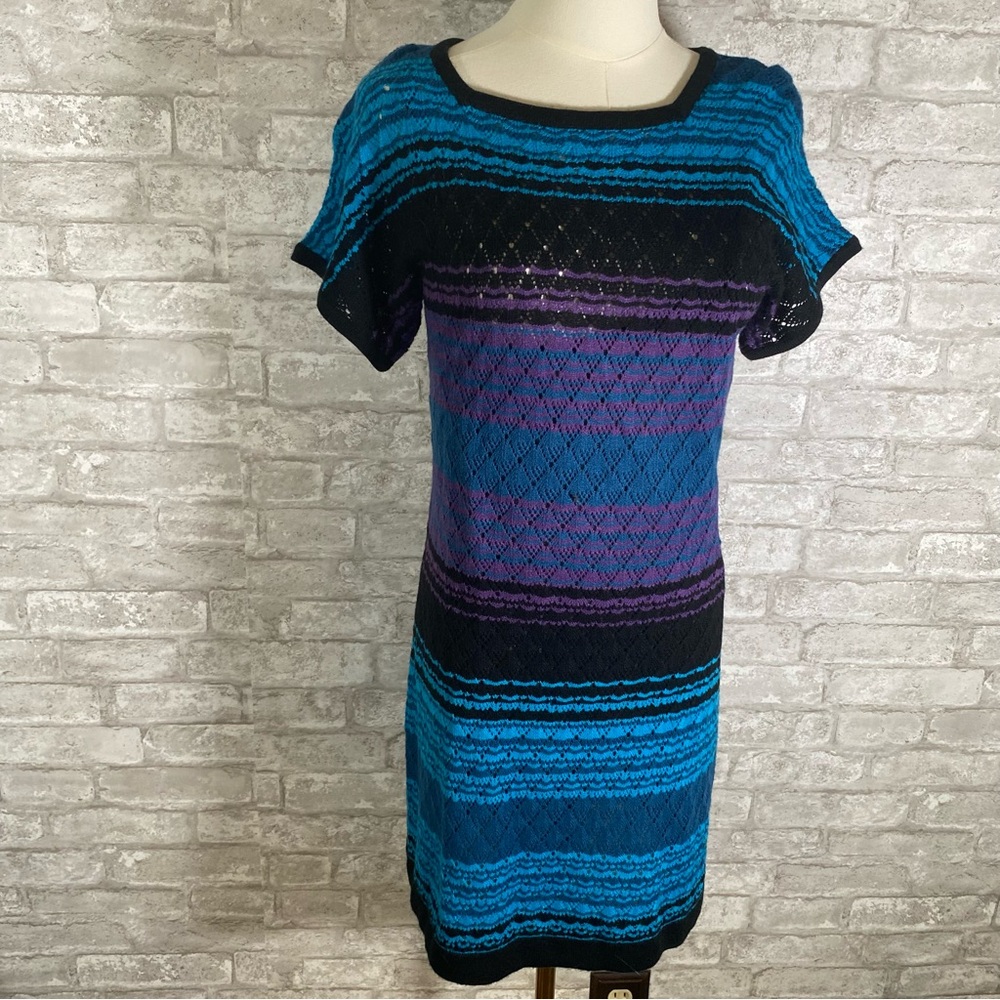 Crochet Blue Purple striped Knit Dress petite medium 70s inspired boho colorful